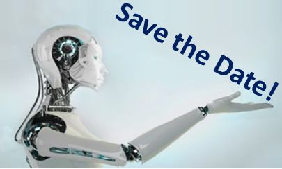 Roboter präsentiert den Schriftzug "Save the Date"